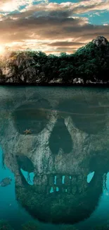 Island with skull reflection at sunset over ocean.