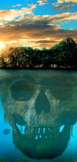 Mystical island with skull reflection in the blue ocean at sunset.