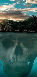 Island with skull reflection in ocean water, mystical scenery.