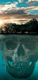 Island with mystical skull reflection in turquoise ocean.