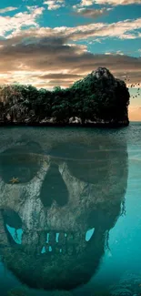 Island with a skull reflection under the ocean at sunset.