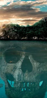 Mystical island with hidden skull under ocean water at sunset.