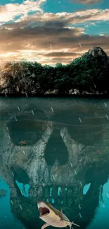 Mystical island shaped like a skull beneath ocean waters, perfect wallpaper.