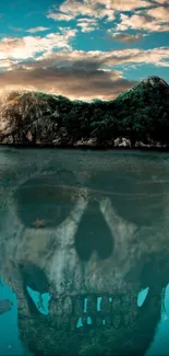 Skull reflection in ocean with island backdrop wallpaper.