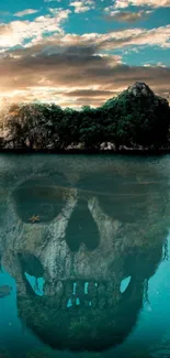 Island and skull reflection in the ocean wallpaper.