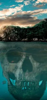 Mystical island with skull reflection in ocean.