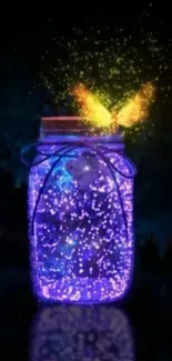 A glowing butterfly above a sparkling jar in a dark, mystical setting.