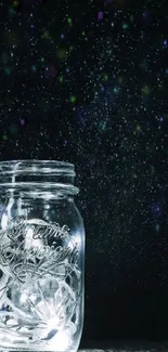 Mystical jar with cosmic lights against a night sky on mobile wallpaper.