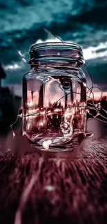 Illuminated jar on a wooden surface against a dark sky.