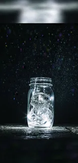 Glowing jar under a starry night sky on a mobile wallpaper.