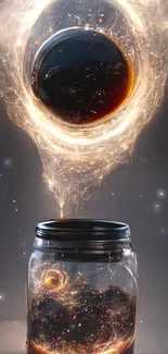 A mystical energy orb hovers above a jar in a captivating cosmic wallpaper.