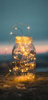 Illuminated fairy lights in a jar against a twilight backdrop mobile wallpaper.