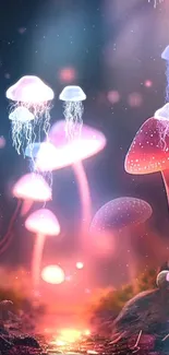 Mystical landscape with glowing mushrooms and jellyfish fantasy.