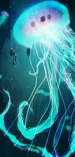 Ethereal jellyfish and diver in an underwater scene.