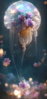 Ethereal jellyfish with blossoms against a dark ocean background.