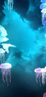 Mystical blue and purple jellyfish float in a celestial ocean dreamscape. Perfect wallpaper.