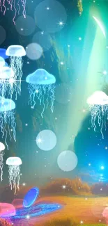 Fantasy jellyfish glowing in a mystical underwater cavern.