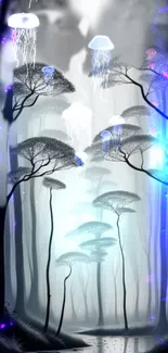 Mystical forest with glowing jellyfish art.