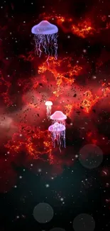 Jellyfish float in a vibrant red galaxy, creating a mystical cosmic scene.