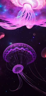 Mobile wallpaper featuring glowing jellyfish in a vibrant cosmic scene.