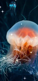 Mystical jellyfish glowing in an underwater ocean scene with luminescent details.