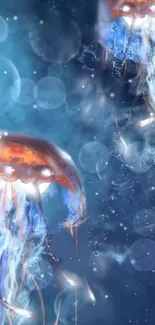 Ethereal jellyfish floating in a watercolor ocean scene.