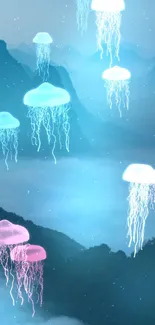 Blue and pink jellyfish in a foggy landscape.