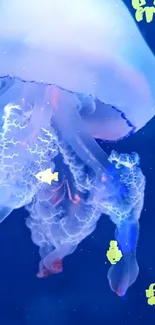 Glow of a jellyfish against a deep blue ocean background.