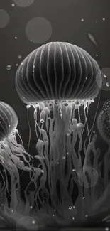 Black and white jellyfish illuminated in a mystical underwater scene.