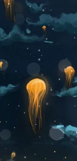 Glowing jellyfish float in a starry night sky on a navy blue wallpaper.