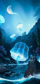 Surreal night scene with glowing jellyfish and forested mountains.