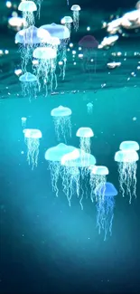 Mystical ocean scene with glowing jellyfish in teal waters.