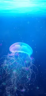 Jellyfish glowing in vibrant blue ocean depths with mystical underwater charm.