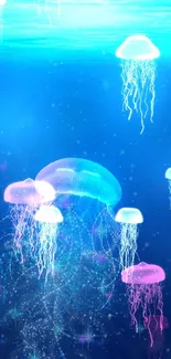 Mystical jellyfish in a blue ocean with sparkling stars and gentle waves.