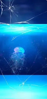 Glowing jellyfish in a serene blue ocean scene with ethereal sparkles.