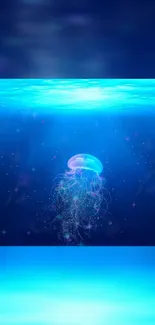 A glowing jellyfish elegantly drifts in a vibrant blue underwater scene.