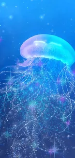 Mystical jellyfish in a deep blue ocean scene with glowing lights.