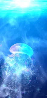 Mystical jellyfish glows in deep blue ocean wallpaper.