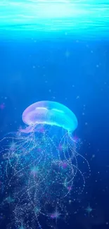 Luminescent jellyfish swims in deep blue ocean.