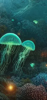 Mystical jellyfish glowing in underwater ocean scene with vibrant blues.