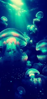 Glowing jellyfish in ocean scene mobile wallpaper.