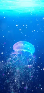 Mystical jellyfish in sparkling blue underwater scene.