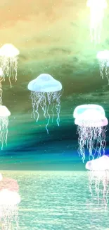 Mystical glowing jellyfish floating in a serene ocean backdrop.