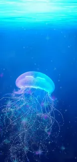 Enchanting jellyfish glowing in deep blue ocean waters.