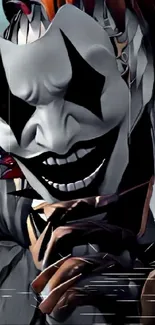 Mysterious Joker mask art in dark tones.