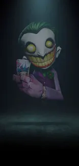 Joker holding card in vibrant art style on dark background.