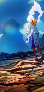 Anime character in mystical landscape with glowing aura.