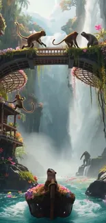Monkeys on a jungle bridge with a waterfall backdrop.