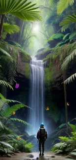 Jungle explorer near a waterfall with lush greenery and butterflies.