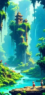 Vibrant jungle with ancient temples and explorers.